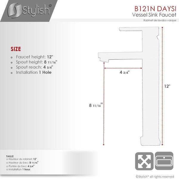 dimension image slide 0 of 3, Single Hole Single-Handle Vessel Bathroom Faucet - Faucet Height: 12" | Spout Height: 8 3/4"