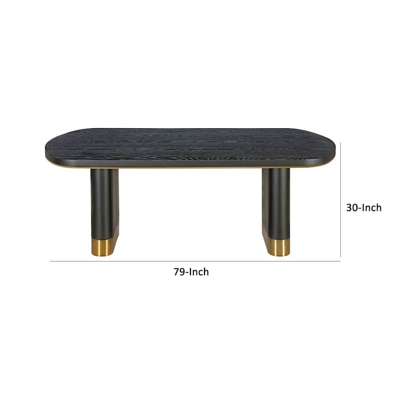 79 Inch Modern Dining Table, Oval Shaped Surface, Brass Metal Accents