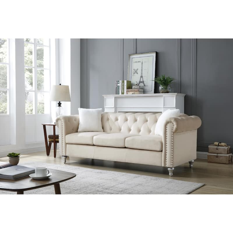 Tufted Faux Jewel Velvet 3-Seater Sofa with Throw Pillows - 83" - Beige