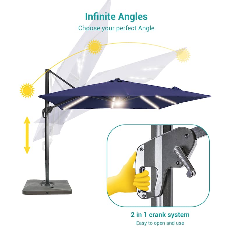 BONOSUKI 10x10FT LED Cantilever Patio Umbrella Angle Adjustment w/Base