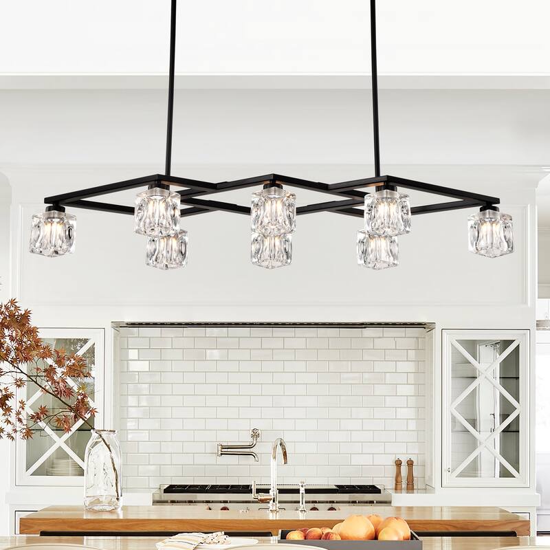 Matte Black 8-Light Industrial Crystal Chandelier, Adjustable Height Pendant Light Fixture for Dining Room, Kitchen, Foyer