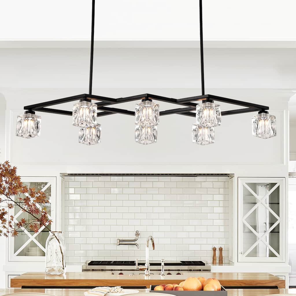 Matte Black 8-Light Industrial Crystal Chandelier, Adjustable Height Pendant Light Fixture for Dining Room, Kitchen, Foyer