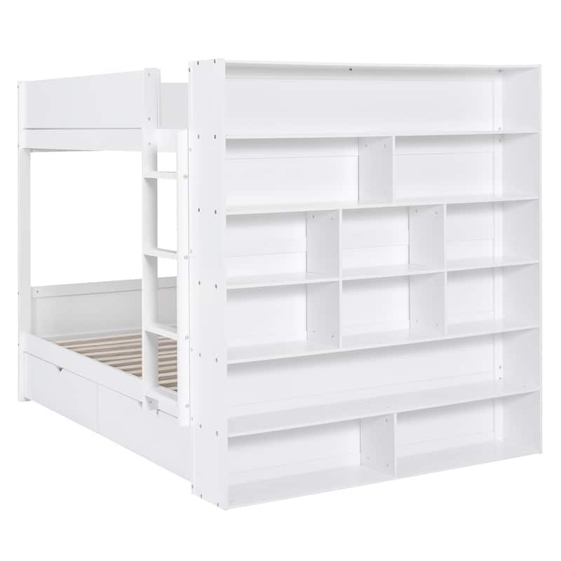 Full over Full Bunk Bed with 2 Drawers and Multi-layer Cabinet, White