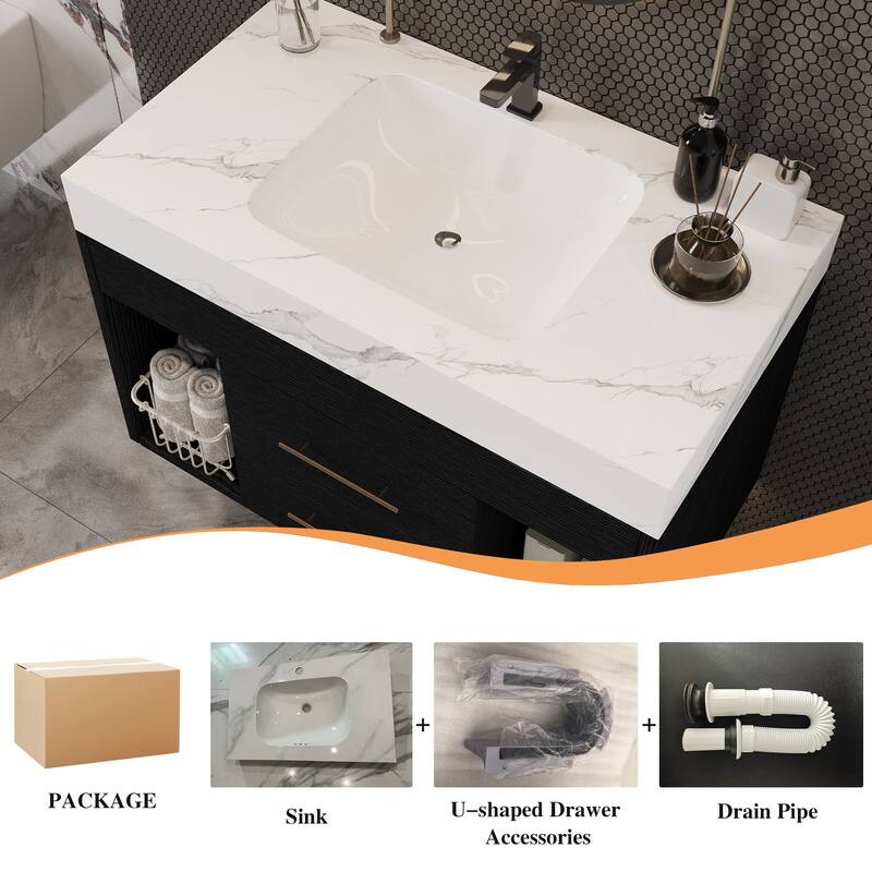29.9" Modern Floating Bathroom Vanity - Sintered Stone Top with Ceramic Undermount Sink, Wall-Mounted for Small Bathrooms