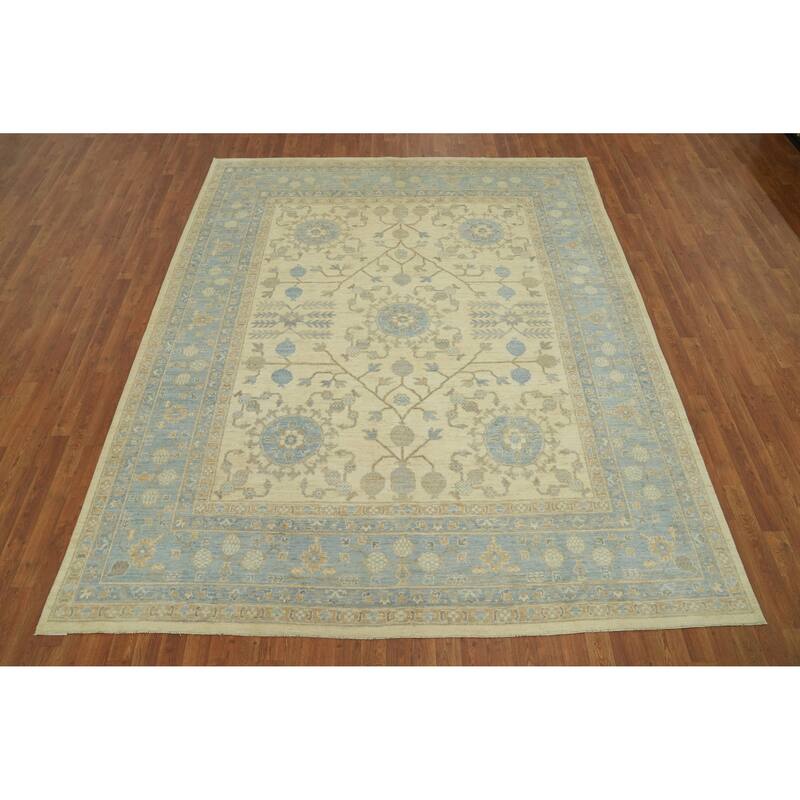 Vegetable Dye Wool Oushak Turkish Area Rug, Floral Geometric Carpet - 9' 8'' X 8' 0''