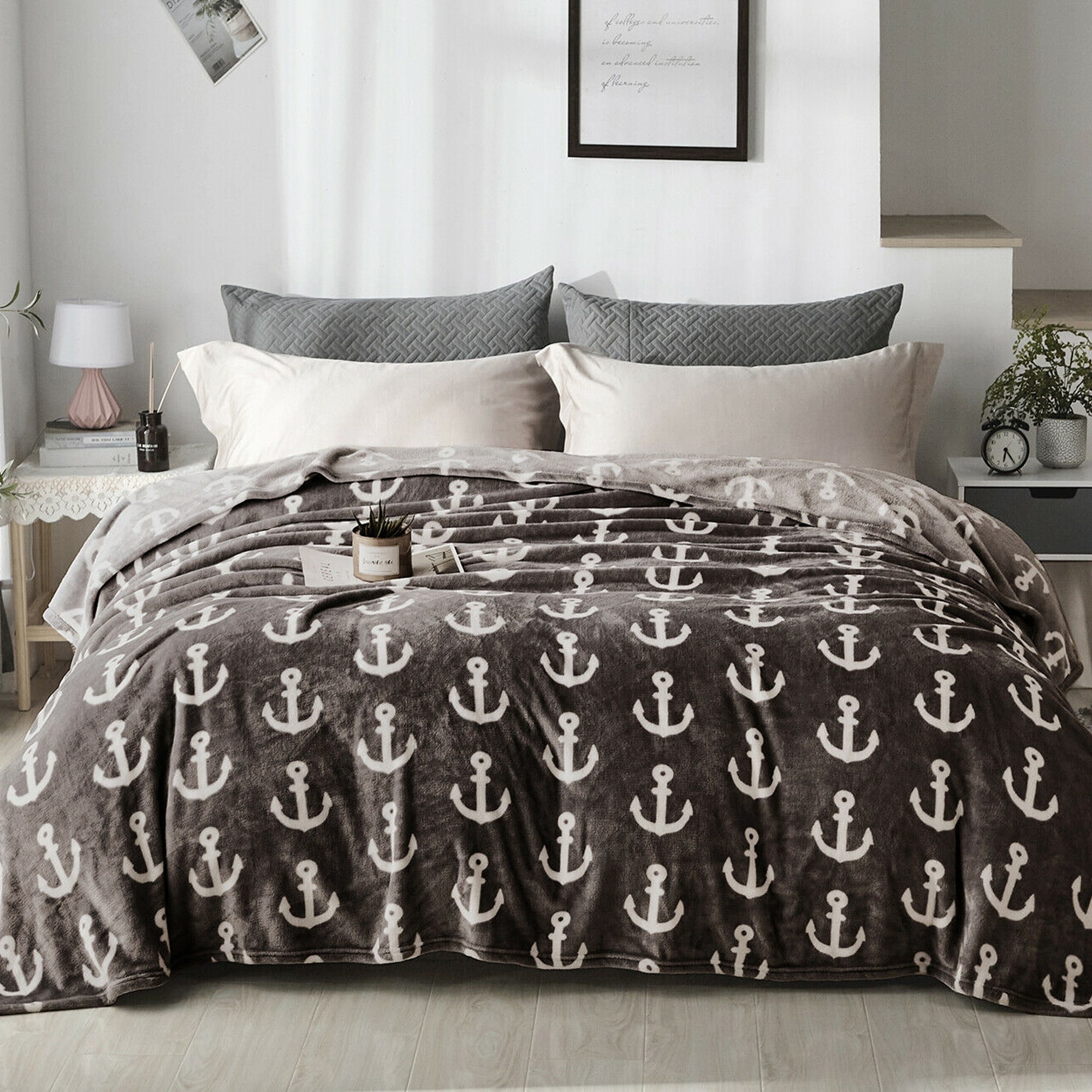 Fleece Plush Blanket King Size Coffee Anchor 90 x 104 Grey