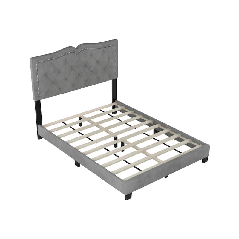 Full Size Upholstered Bed Frame with Rivet Design, Modern Velvet Platform Bed with Tufted Headboard, Gray