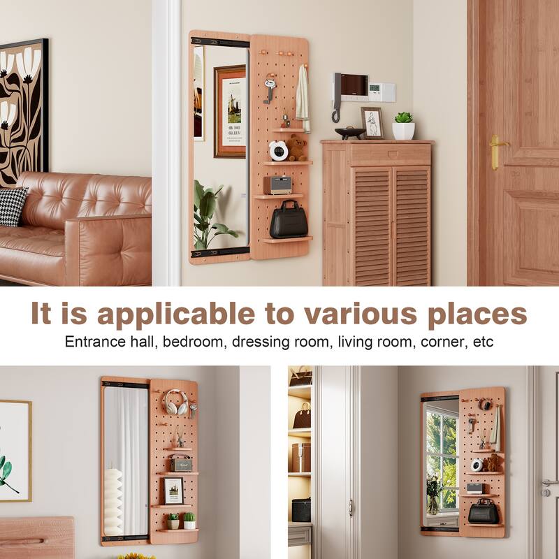 Wall Mounted Full Length Mirror, Full Body Mirror with Shelf, Mirror with Hook Wall Mounted Mirror with Multifunctional Design