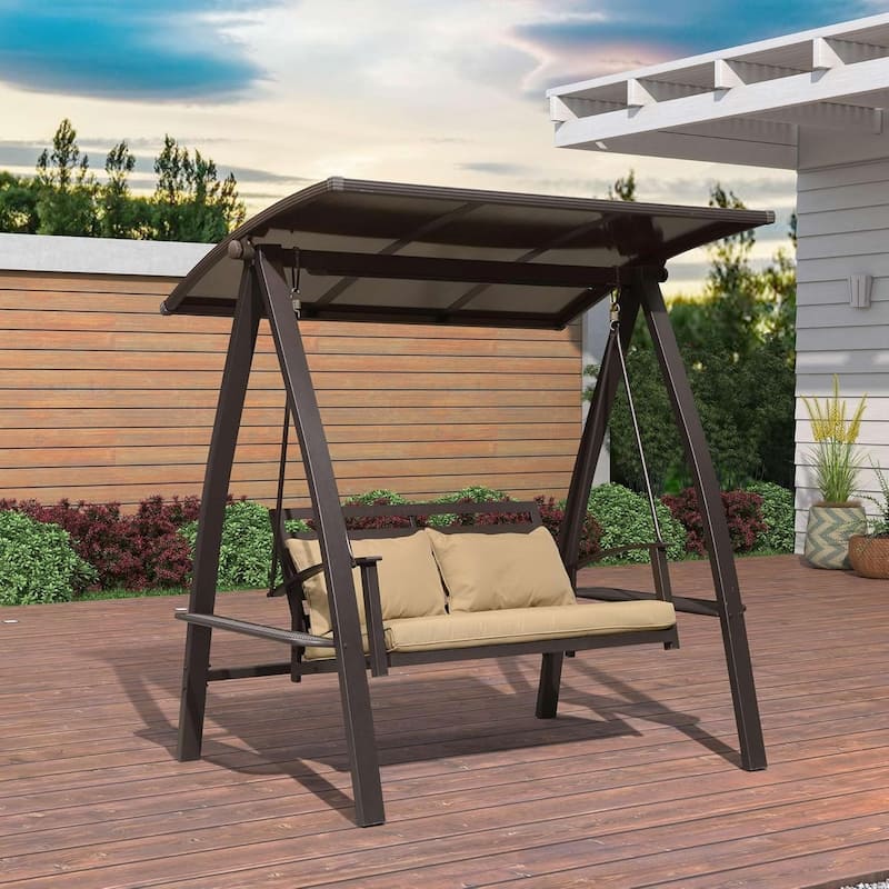 PURPLE LEAF Porch Swing with Adjustable PVC Canopy Outdoor Swing Chair and Outside Garden Porch, Cushion and Pillows Included