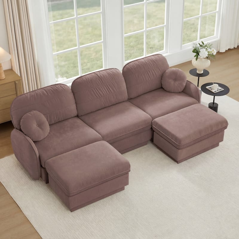 105" Chenille Sectional Sofa with 2 Round Pillows and 2 Movable Ottomans - Rose Dust