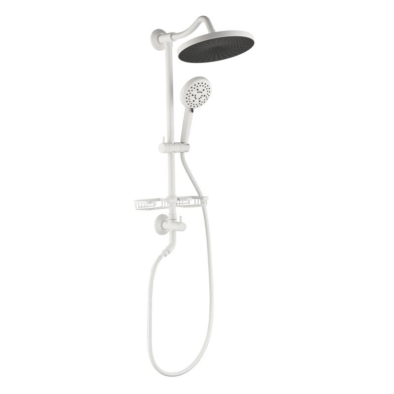 ShowerSpas Shower System, with 10" Rain Showerhead, 4-Function Hand Shower, Adjustable Slide Bar and Soap Dish - White