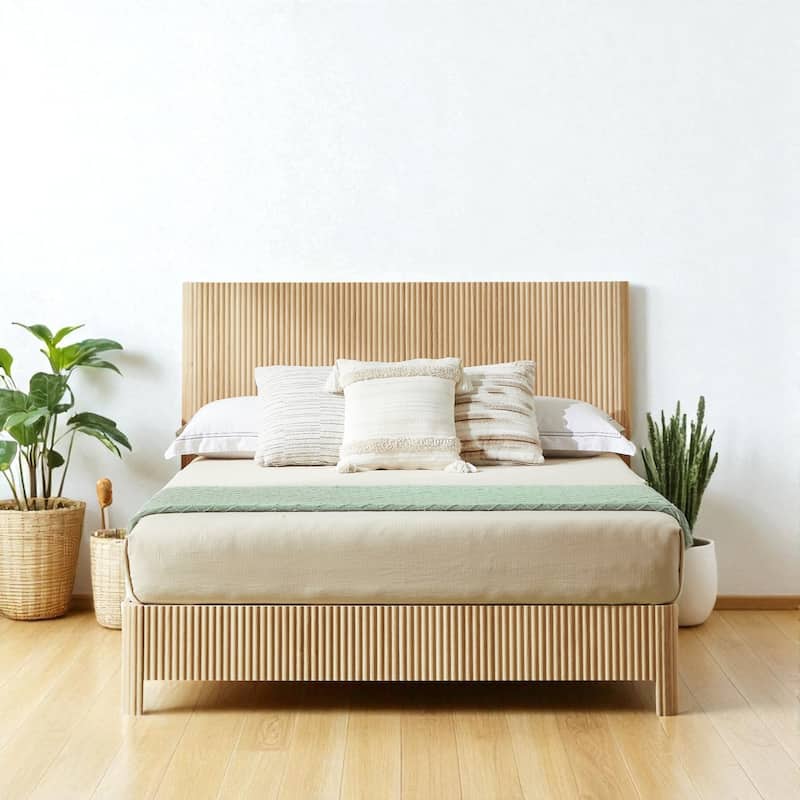 Queen Size Wooden Bed Frame with Corrugated Curved Headboard, Heavy-Duty Metal Support, No Box Spring Needed - Oak - Queen