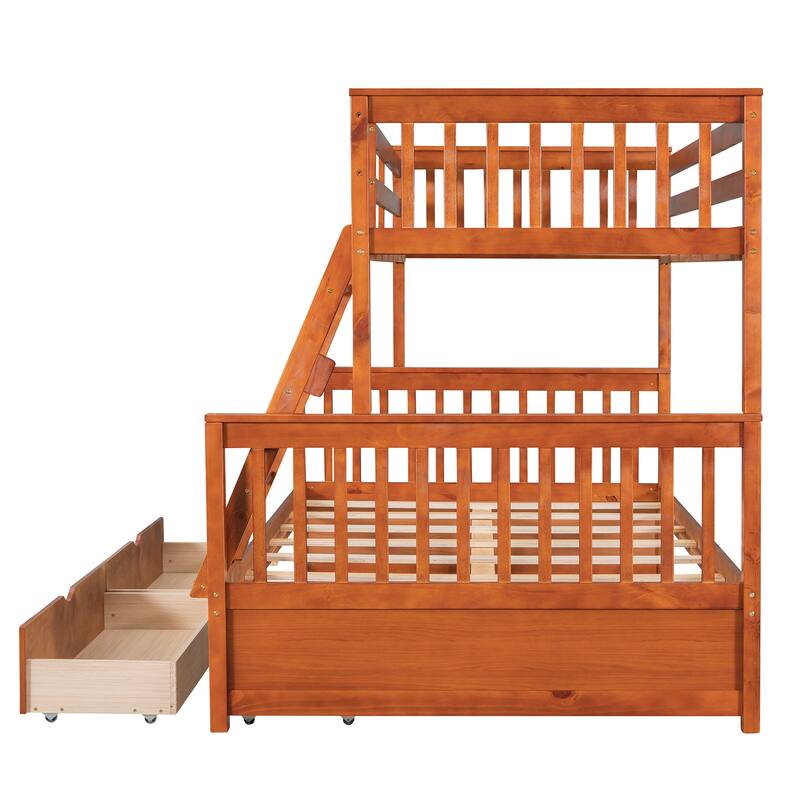 Space-Saving Twin Over Full Bunk Bed with Drawers, Solid Wood Frame with Guardrails and Ladder, Detachable into 2 Platform Beds