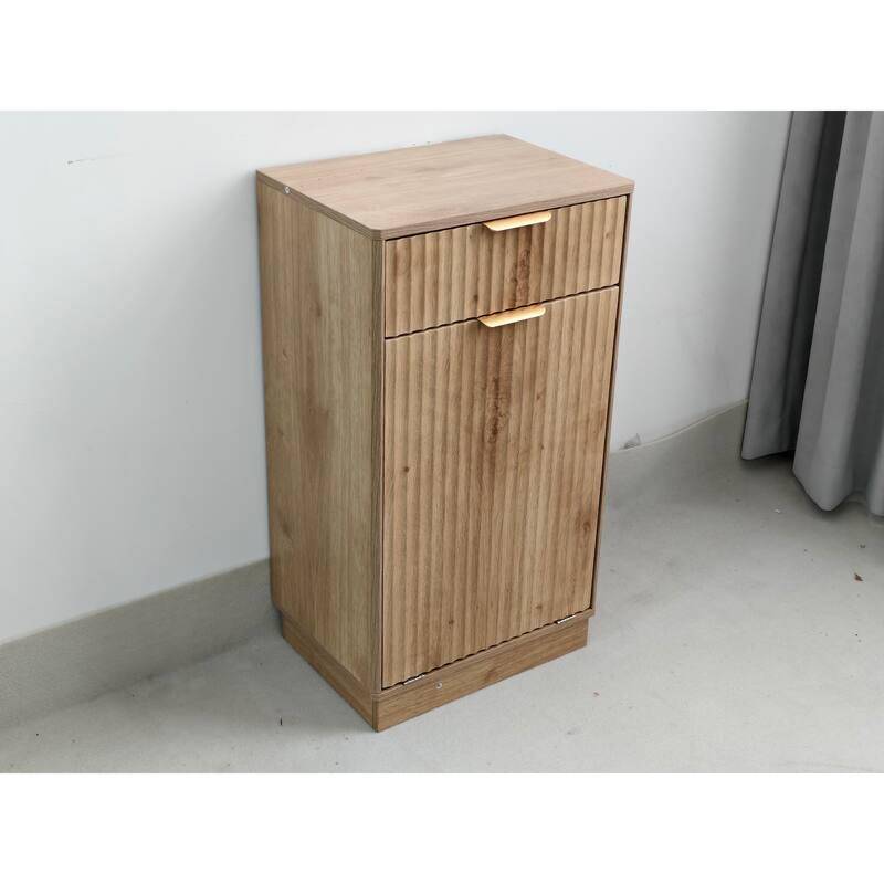 10-Gallon Woodgrain Tilt-Out Trash Can Cabinet Wooden Garbage Recycling Cabinet with Wave-Textured Hideaway Drawer&Pull-Out Bin