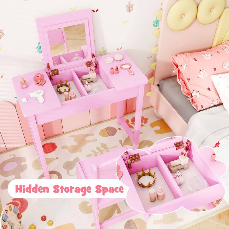 Gymax Kids Vanity Table & Chair Set 2-in-1 Princess Makeup Dressing