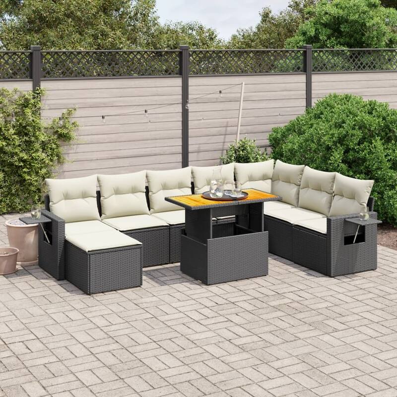 vidaXL Patio Sofa Set with Cushions Outdoor Furniture 9 Piece Poly Rattan - 21.7 x 39.4 x 28.7 - Black and Cream-without storage