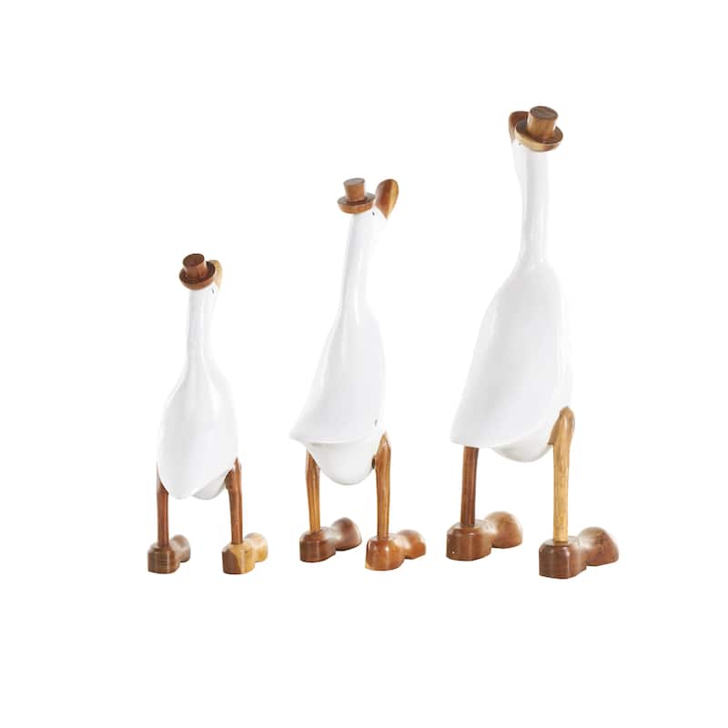 White Bamboo Wood Duck Decorative Sculpture with Brown Top Hats and Shoes (Set of 3)