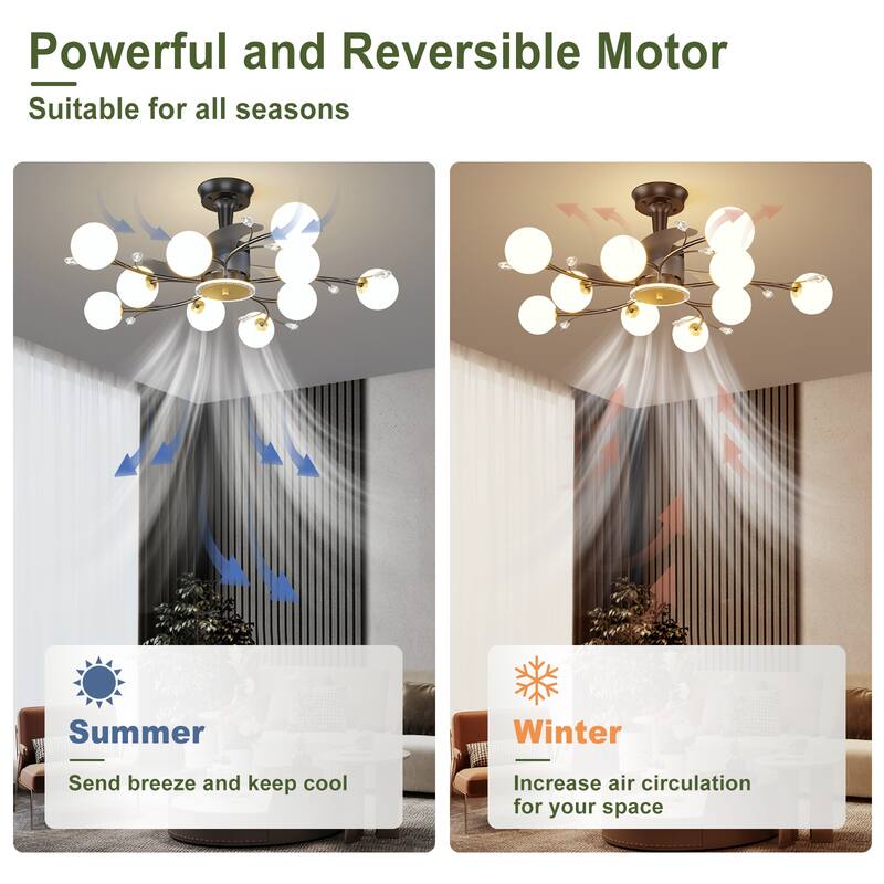 Ceiling Fan with Milky Glass Globe Shade, Modern Low Profile Reversible Fandelier for Bedroom