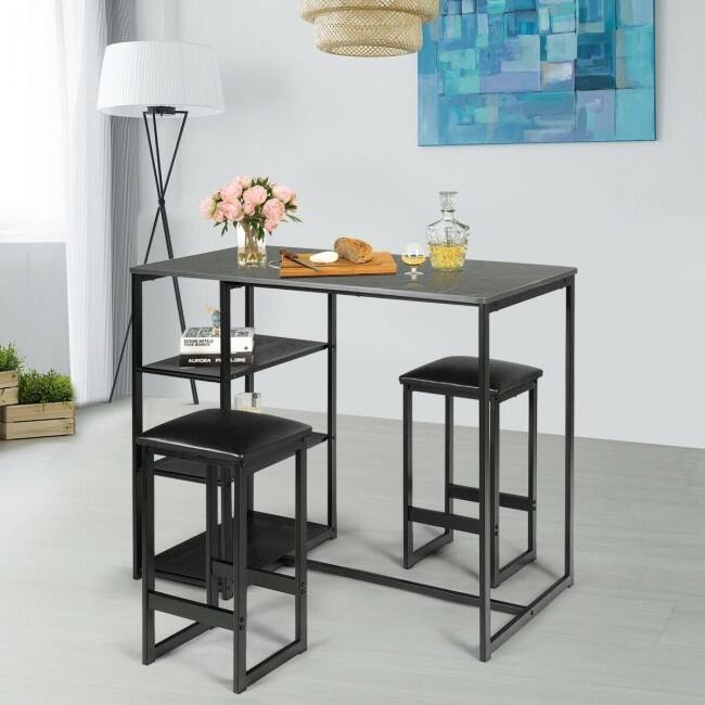 3 pcs Dining Set with Faux Marble Top Table and 2 Stools