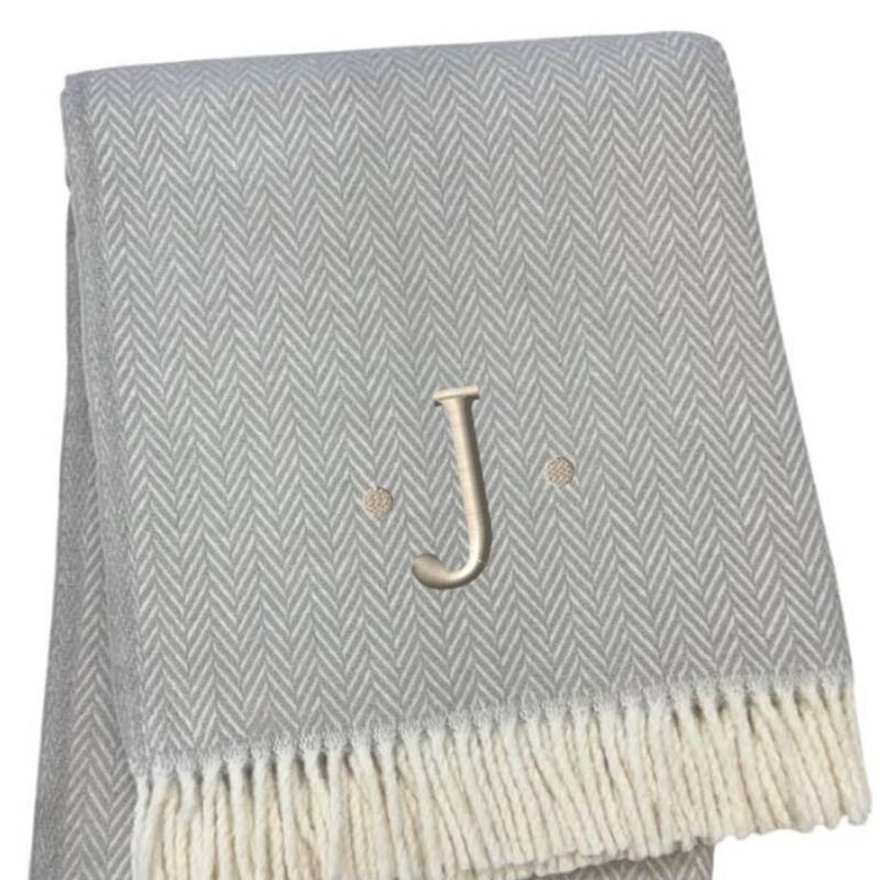 55" X 70" Gray And White Herringbone Cotton Blend A Initial Throw Blanket with Tassels And Embroidery