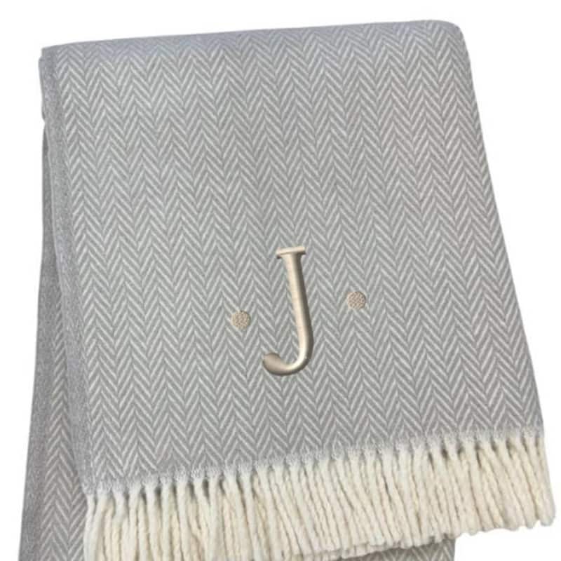 HomeRoots 55" X 70" Gray And White Herringbone Cotton Blend J Throw Blanket with Tassels And Embroidery