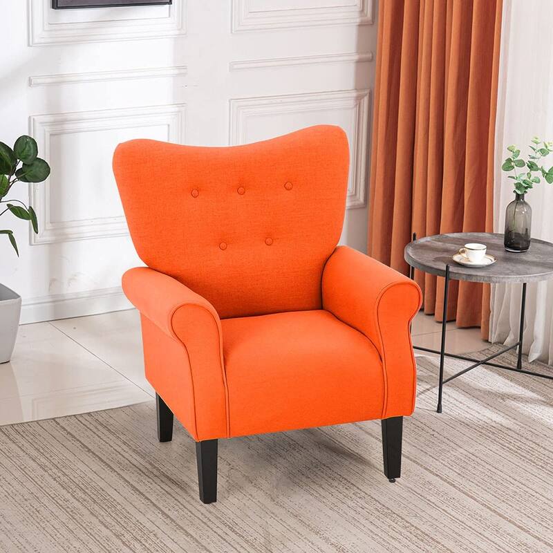 Erommy Modern Accent Chair, High Back Armchair, Upholstered Fabric Button Single Sofa with Wooden Legs for Living Room - Orange - Solid