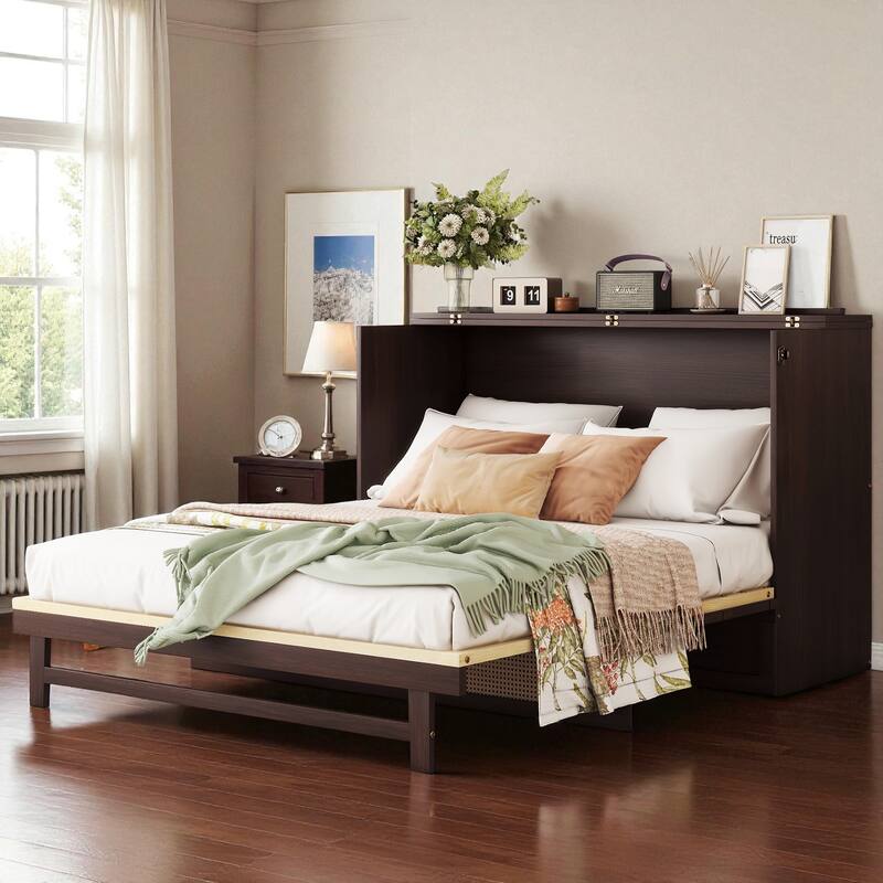 Queen Size Pine Wood Murphy Bed Cabinet with Rattan Front Panel, Foldable Bed with Storage Drawer and Sturdy Platform - Espresso - Queen