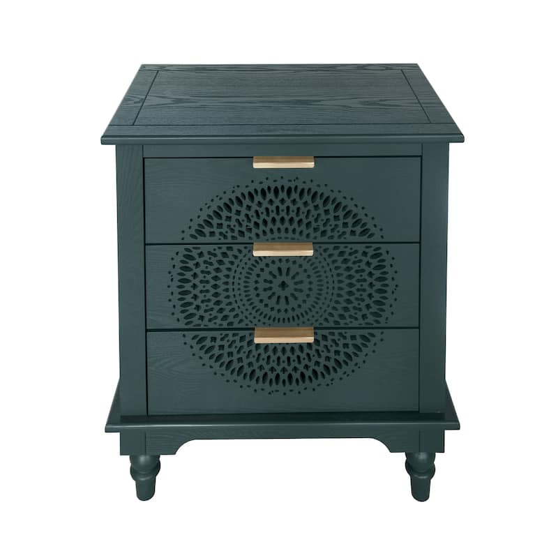 Roomfitters Hollow Carved 3 Drawer Dresser, Accent Storage Cabinet with Metal Handles, Green