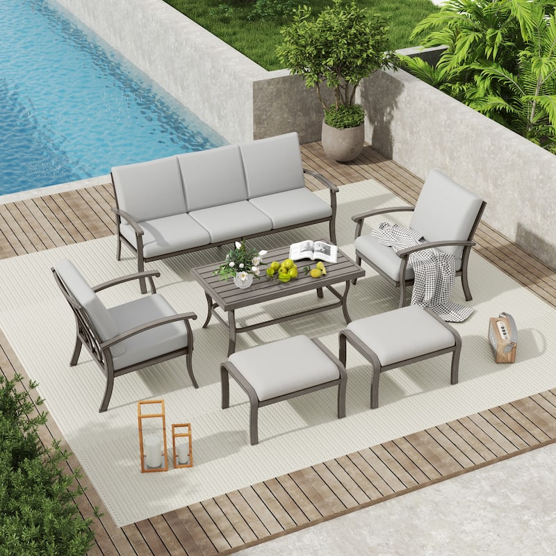6-Piece Aluminum Patio Conversation Set with Coffee Table,Sofa, Ottoman and Light Gray Cushions