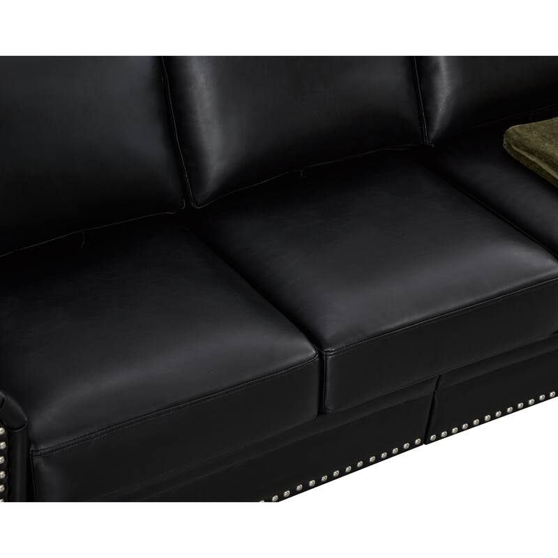 Faux Leather Sofa with Storage, ,Oversized Upholstered 3 Seater Sofa, Deep Seat Sofa with Nailhead Trim & Rolled Armrests