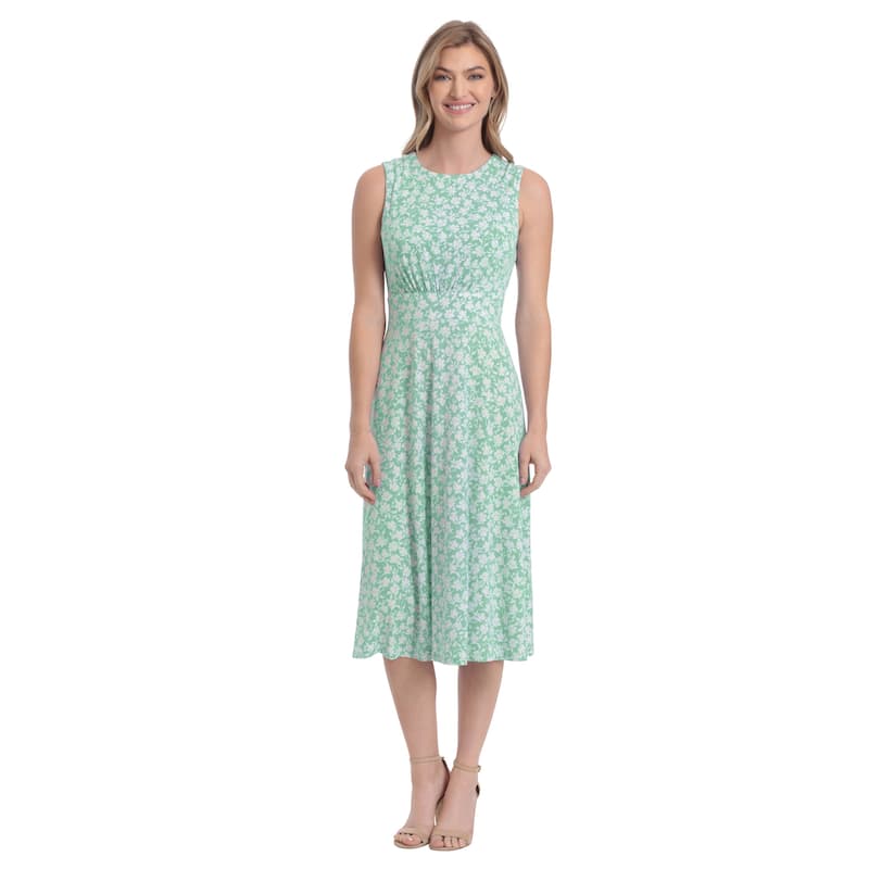 London Times Women's Sleeveless Floral Midi A-Line Dress - Green / Ivory - 14
