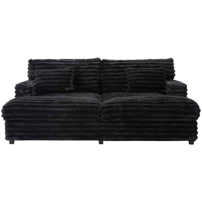 Oversized Double Chaise Lounge Sofa, Living Room 2 Seater Sofa Upholstered Sleeper Sofa Bed Daybed with USB Ports & Cup Holders