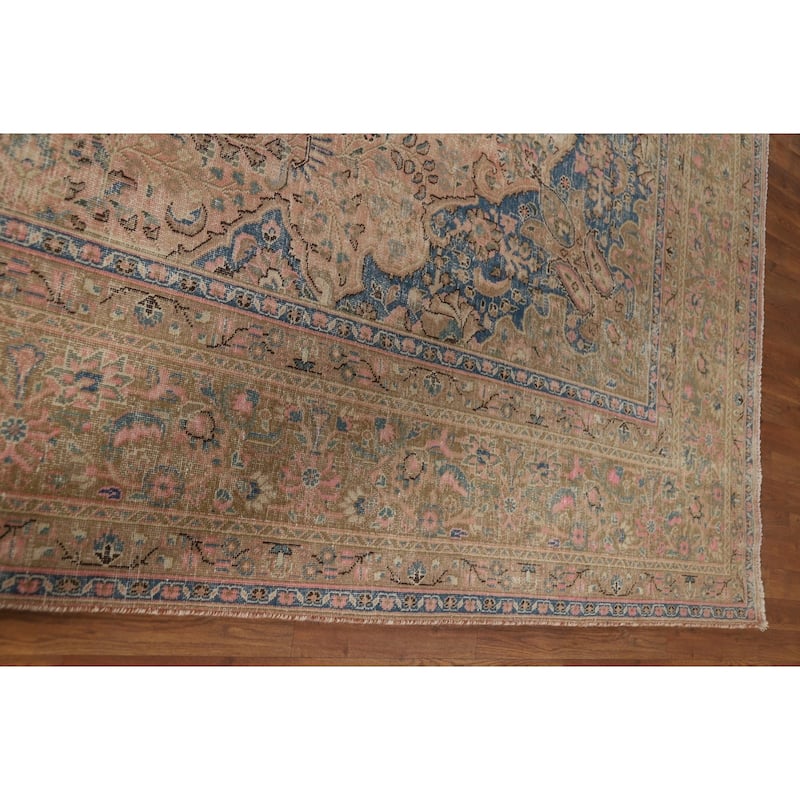 Distressed Pink Mashad Persian Antique Rug Hand-Knotted Wool Carpet - 9'8" x 12'5"