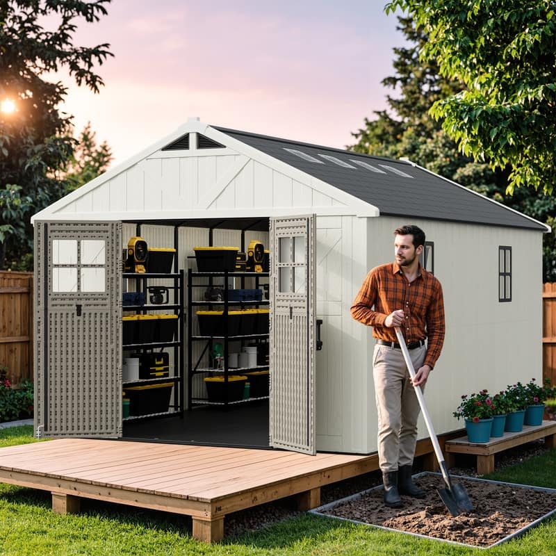 Patiowell 10 X 16 FT&10 X10 FT &10 X12 FT 10 X14 FT Resin Outdoor Storage Shed With Floor ,Weather Resistant Shed for Garden - 10 X 14