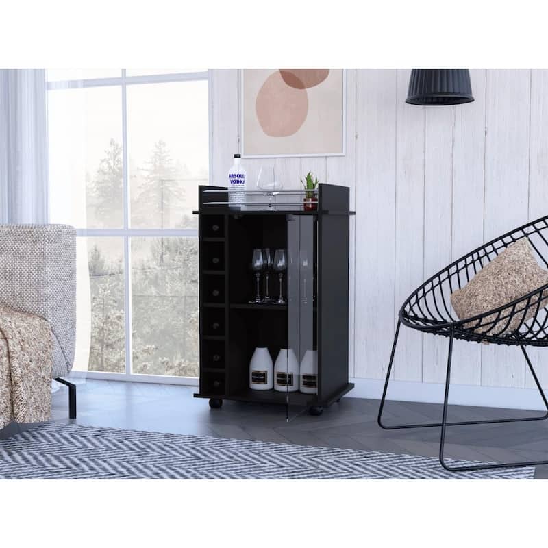 Carbon Espresso Bar Cart with Glass Door, Metal Rail, Two Shelves & Locking Casters