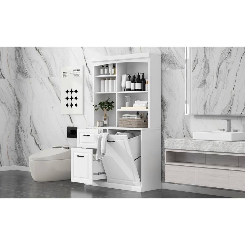 White MDF Tall Bathroom Cabinet with Tilt-Out Hamper and Adjustable Shelves - 39.3” W × 16.50” D × 70.9” H