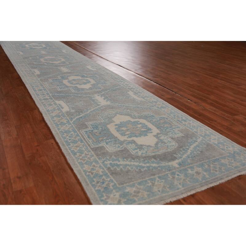 Hand Knotted Oriental 100% Wool Carpet Transitional Geometric Greys & Charcoal Oushak Runner Rug - 13' 10'' X 3' 1''