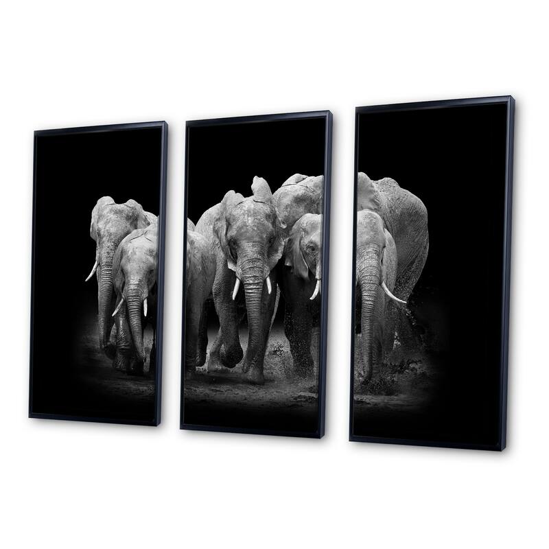 Designart "Group of Elephant on dark " Animal Framed Canvas Wall Art