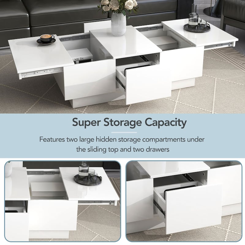 White Coffee Table with Hidden Storage, Extendable Sliding Top, 2 Drawers, 39.3" Modern Living Room Table