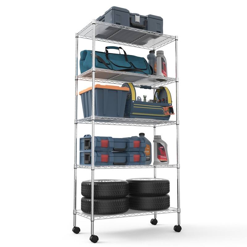 3/5/6-Tier Adjustable Heavy Duty Wire Shelving Unit with Wheels, Chrome/Black/White
