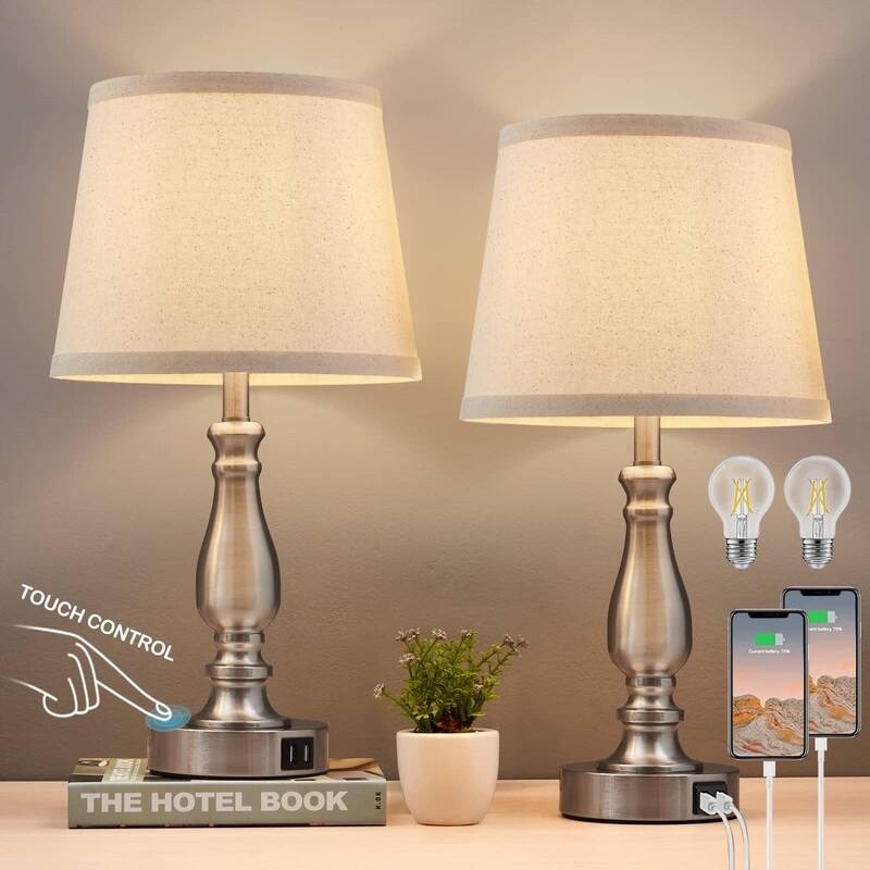 Lamps for Bedrooms Set of 2, Touch Bedside Table Lamp with USB Ports - Brushed Nickel Base and Light oat color - Brushed Nickel Base and Light oat color