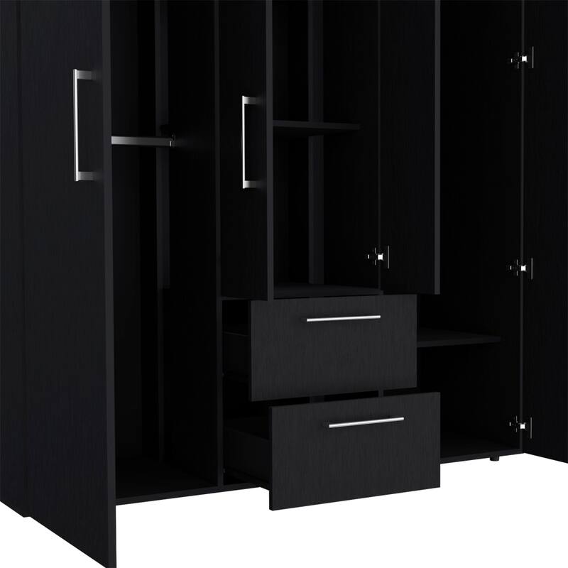 19.8" Modern Four-door Armoire with Hanging Rod, Two Spacious Drawers and Three Shelves