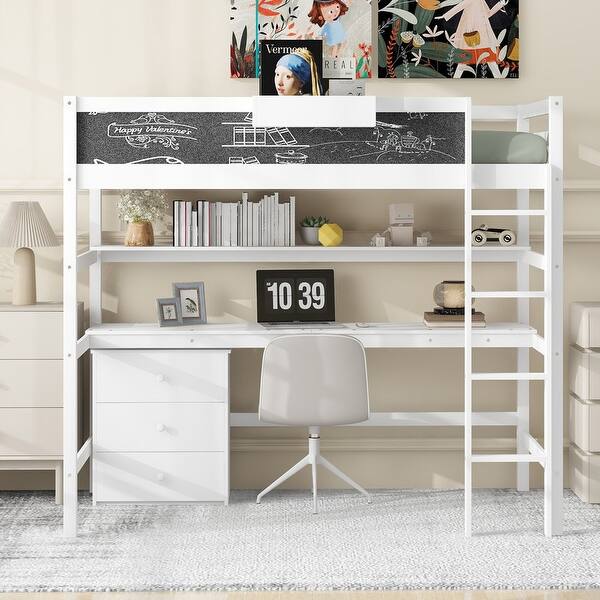slide 2 of 17, Wood Twin Size Loft Bed with Desk, Blackboard, Storage Box, Shelf and 3 Drawers White