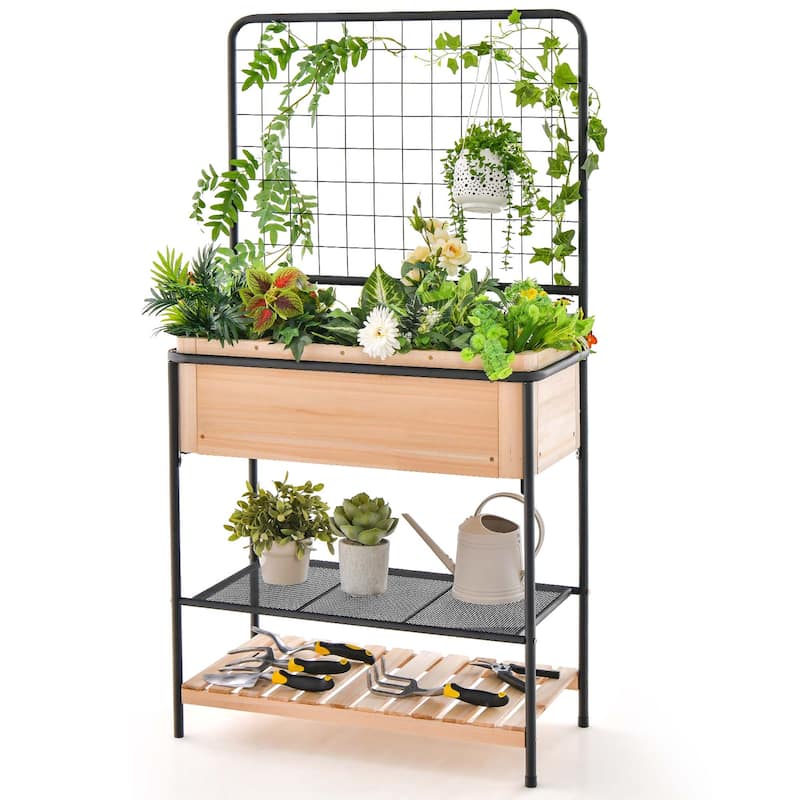 Costway 59" Raised Wooden Garden Bed with Metal Trellis Open Storage - See Details - Natural - See Details
