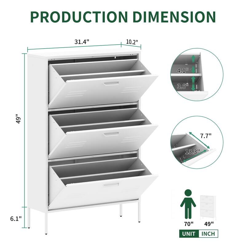 Shoe Cabinet with 3 Flip Drawers, Hidden Slim Steel Shoe Storage Cabinet, Narrow Shoe Rack Cabinet with Metal Legs