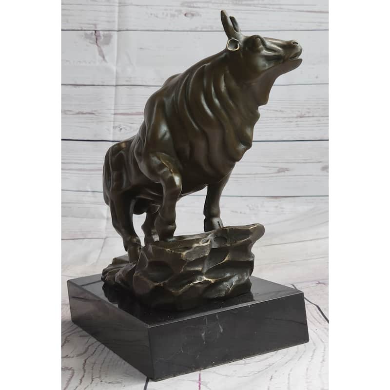 Upward Facing Bull Bronze Metal Statue Sculpture Figure Marble Base Signed Original 10 Inches X 11 Inches