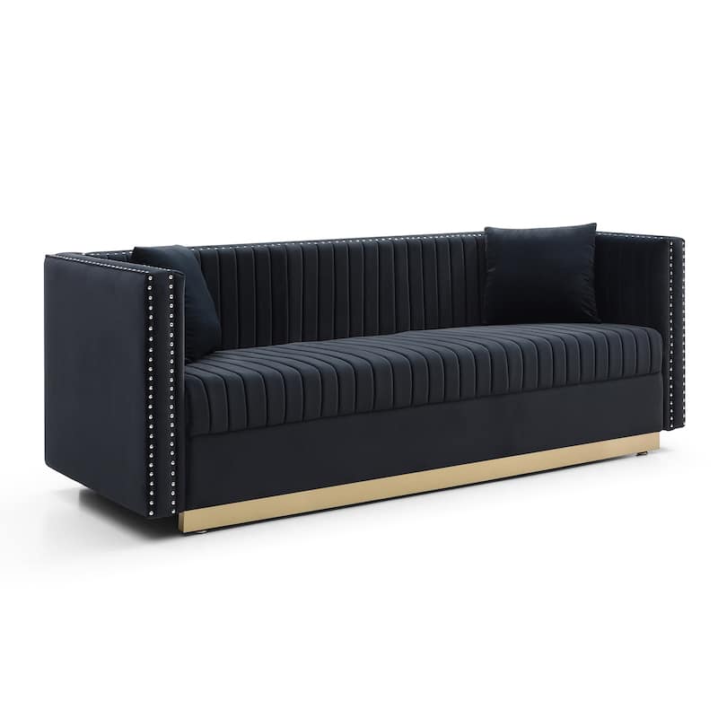 78" Velvet 3-Seater Sofa with Vertical Channel Tufting, Gold Base, Nailhead Trim, and 2 Pillows