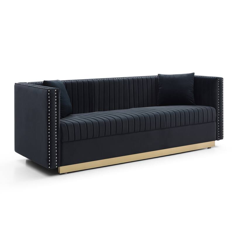 Contemporary Velvet Sofa with Channel Tufting and Gold Base, Perfect for Living Room or Apartment