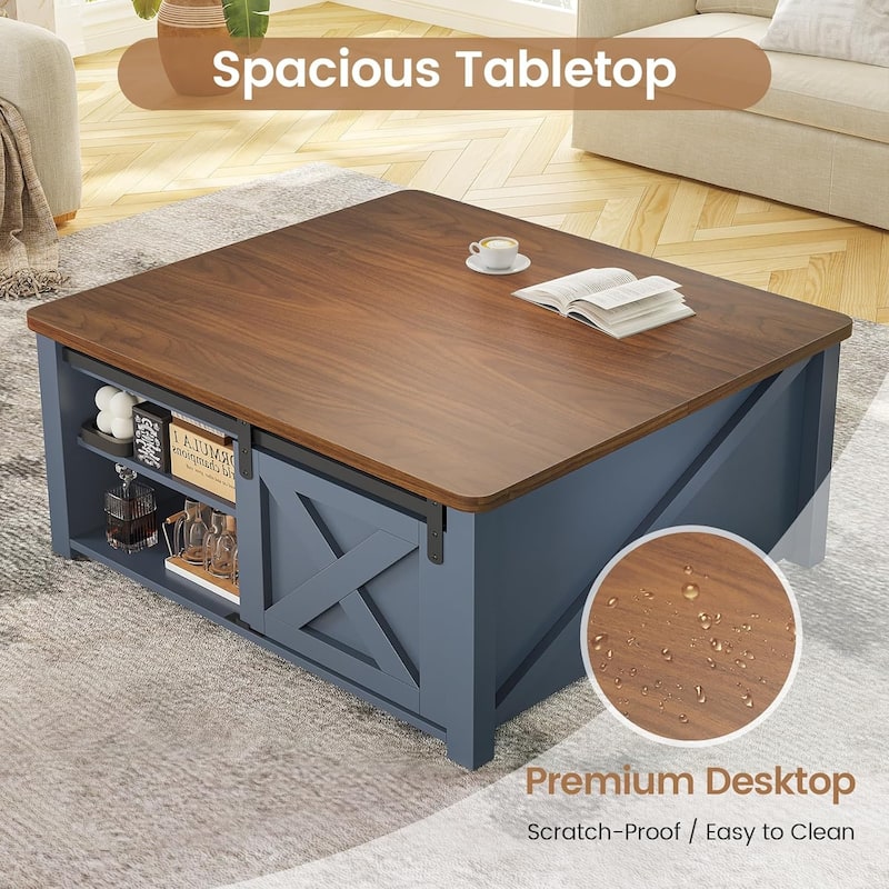 Coffee Table Lift Top Square Center Table Barn Door Adjustable Shelves