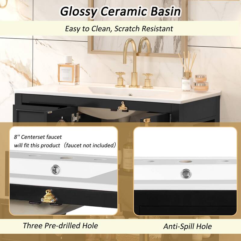Bathroom Vanity with Sink, Freestanding Bathroom Storage Cabinet, Bathroom Vanity Set with 2 Soft Close Glass Doors & 3 Drawers